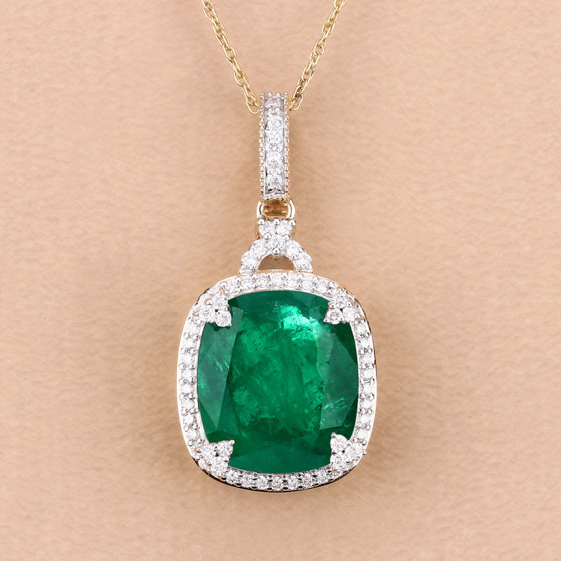 IGI Certified 8.95 Carat Genuine Zambian Emerald and White Diamond 14K Yellow Gold Pendant