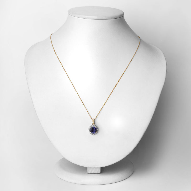 1.71 Carat Genuine Iolite and White Diamond 14K Yellow Gold Pendant