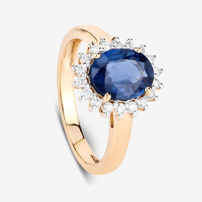 2.51 Carat Genuine Blue Sapphire and White Diamond 14K Yellow Gold Ring