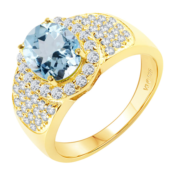V3 Jewelry 18K Gold Plated 3.50 CT Natural Aquamarine & White Topaz Pavé Halo Ring