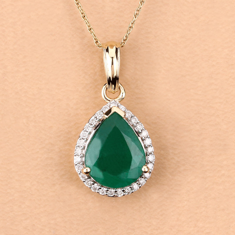 2.85 Carat Genuine Zambian Emerald and White Diamond 14K Yellow Gold Pendant