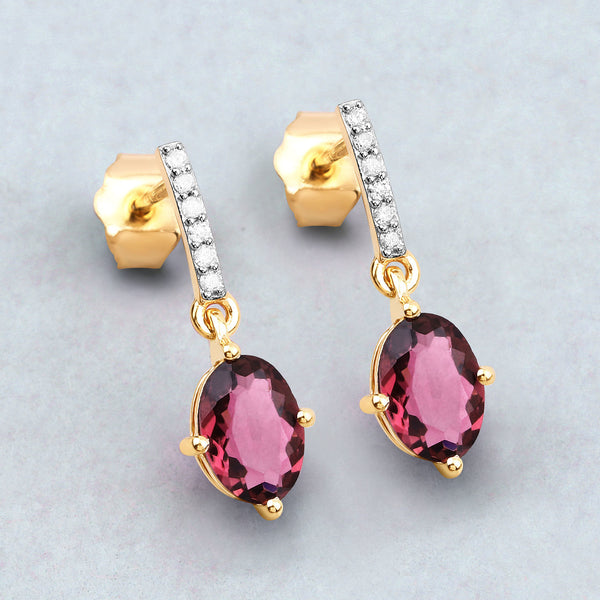 1.51 Carat Genuine Pink Tourmaline and White Diamond 14K Yellow Gold Earrings