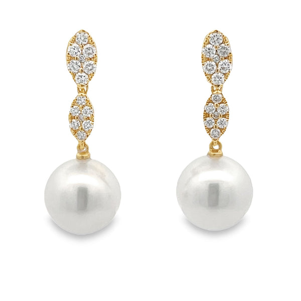 .45ct FW Pearl Diamond Dangle Earrings 18KT Yellow Gold