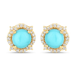 0.88 Carat Genuine Turquoise and White Diamond 10K Yellow Gold Earrings