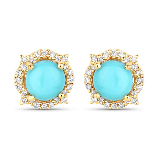 0.88 Carat Genuine Turquoise and White Diamond 10K Yellow Gold Earrings