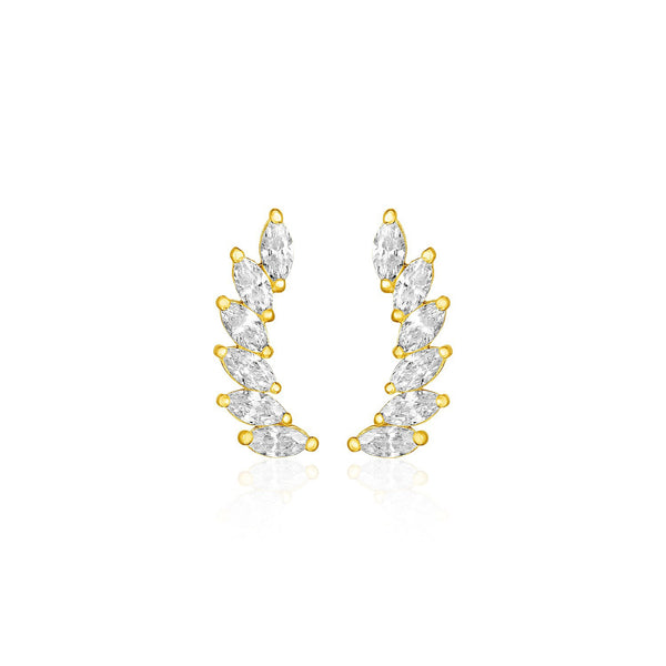 14k Yellow Gold Leaf Motif Climber Post Earrings with Marquise Cubic Zirconias