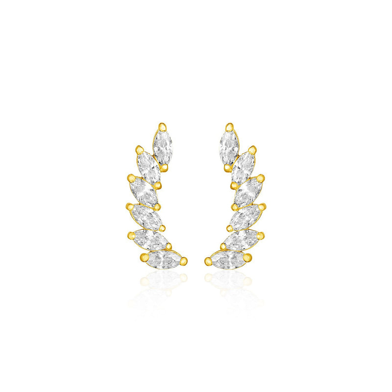 14k Yellow Gold Leaf Motif Climber Post Earrings with Marquise Cubic Zirconias