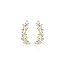 14k Yellow Gold Leaf Motif Climber Post Earrings with Marquise Cubic Zirconias