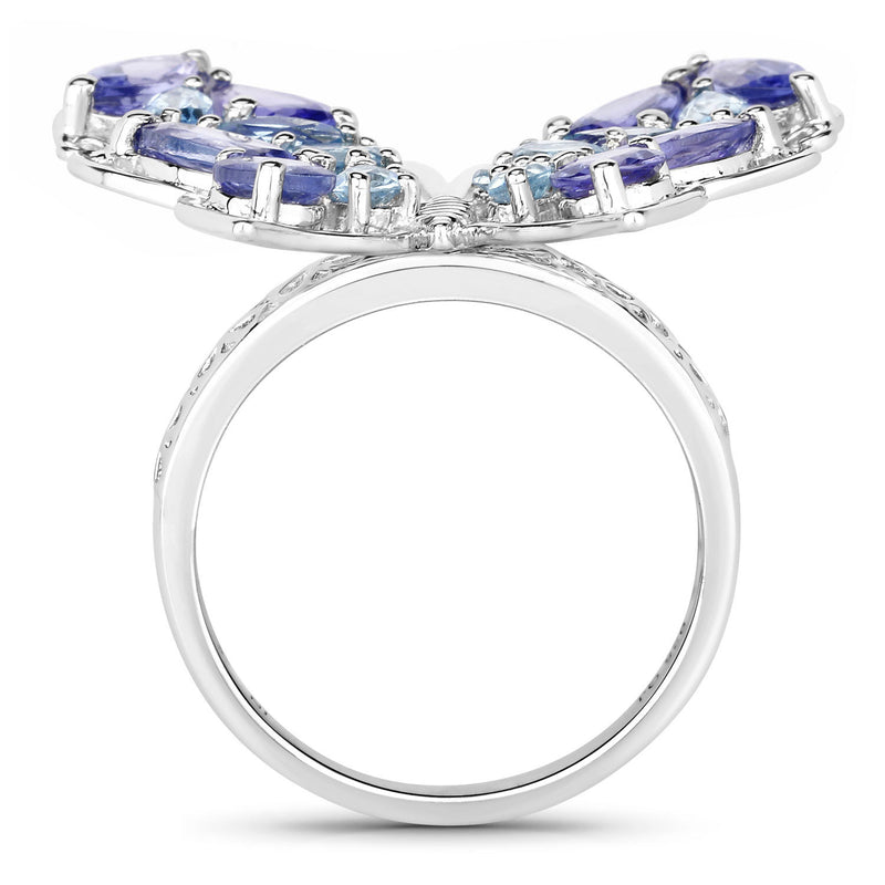 3.60 Carat Genuine Tanzanite and Swiss Blue Topaz .925 Sterling Silver Ring