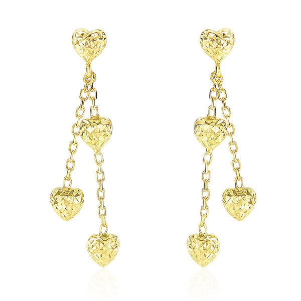 14k Yellow Gold Puffed Heart Diamond Cut Chain Dangling Earrings