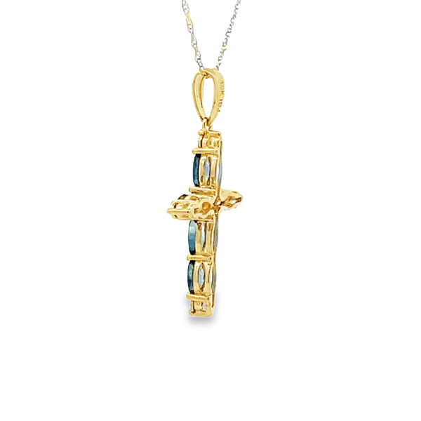 Sapphire Cross Religious Pendant 10KT Yellow Gold