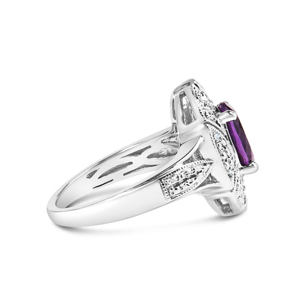 .925 Sterling Silver 9x7mm Oval Purple Amethyst and Diamond Accent Art Deco Style Cocktail Ring (I-J Color, I1-I2 Clarity) - Size 6