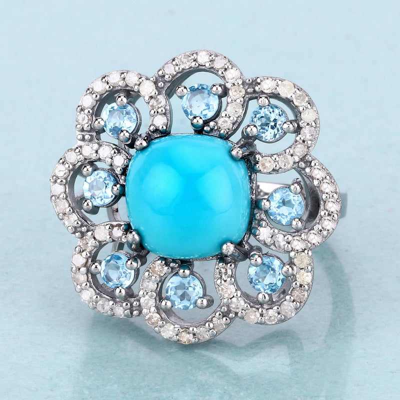 6.00 Carat Genuine Blue Topaz, Turquoise and White Diamond .925 Sterling Silver Ring