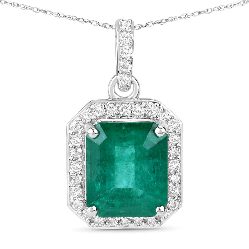 IGI Certified 3.38 Carat Genuine Zambian Emerald and White Diamond 14K White Gold Pendant