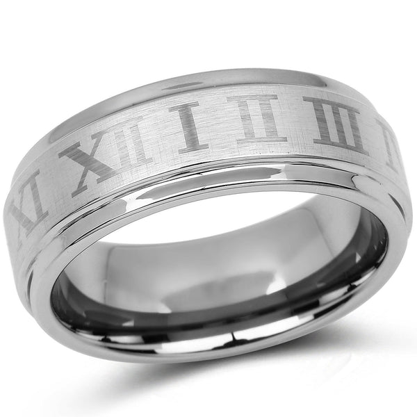 8MM Tungsten Carbide Double Accent Comfort Fit Roman Number Ridged Edges Wedding Band Ring