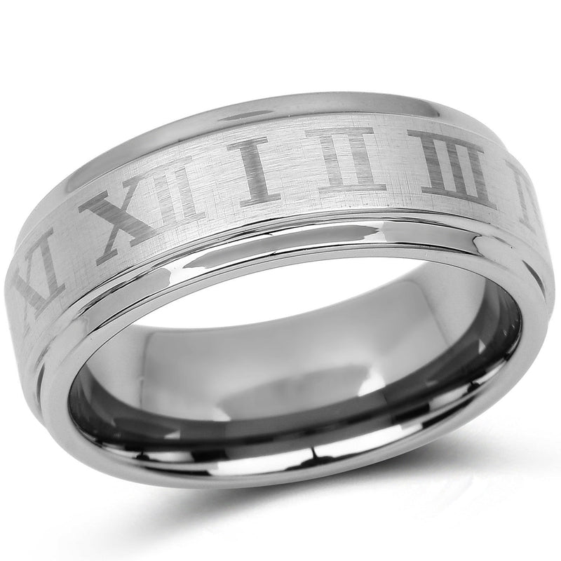 8MM Tungsten Carbide Double Accent Comfort Fit Roman Number Ridged Edges Wedding Band Ring