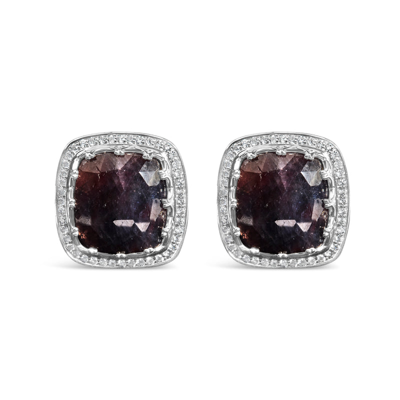 14K White Gold 15x15 Dark Purple Sapphire and 4/5 Cttw Diamond Halo Cufflinks (F-G Color, VS1-VS2 Clarity)