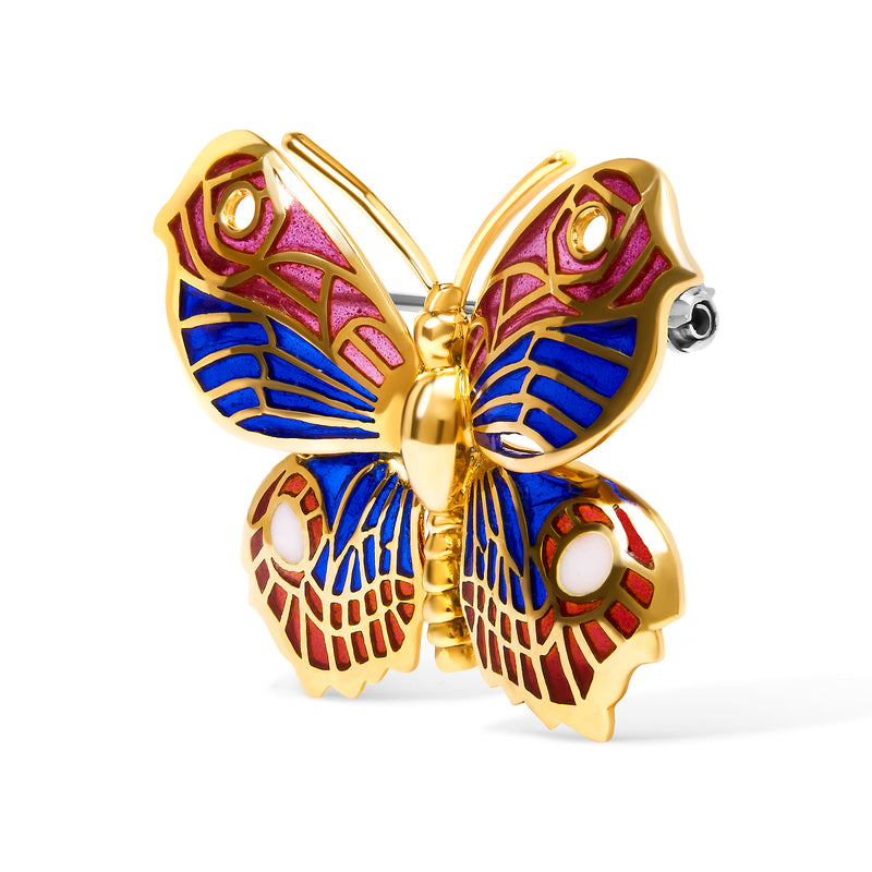 18K Yellow Gold Red, Blue, and White Enameled Butterfly Brooch Pin