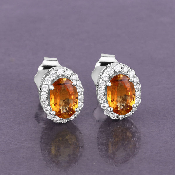 1.66 Carat Genuine Orange Sapphire and White Diamond 14K White Gold Earrings