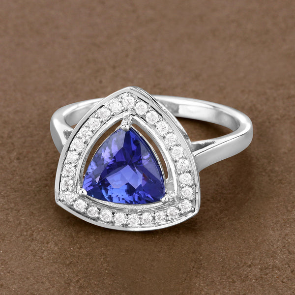 1.96 Carat Genuine Tanzanite and White Diamond 14K White Gold Ring