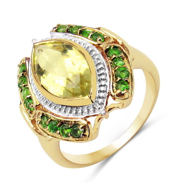 3.14 Carat Genuine Lemon Quartz and Chrome Diopside .925 Sterling Silver Ring