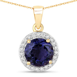 1.71 Carat Genuine Iolite and White Diamond 14K Yellow Gold Pendant