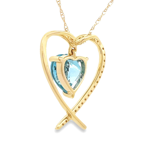 Blue Topaz Diamond Heart Love Pendant 14KT Yellow Gold