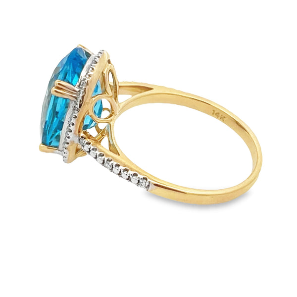 Genuine 8.57ct Blue Topaz Diamond Ring 14KT Yellow Gold