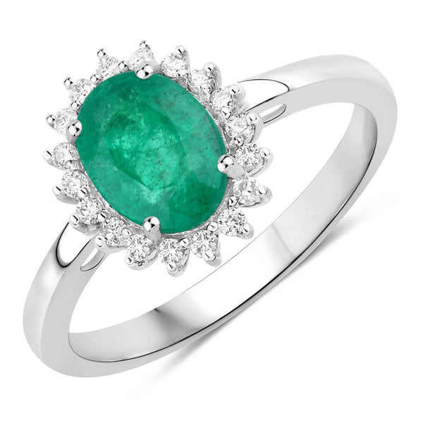 1.37 Carat Genuine Zambian Emerald and White Diamond 14K White Gold Ring