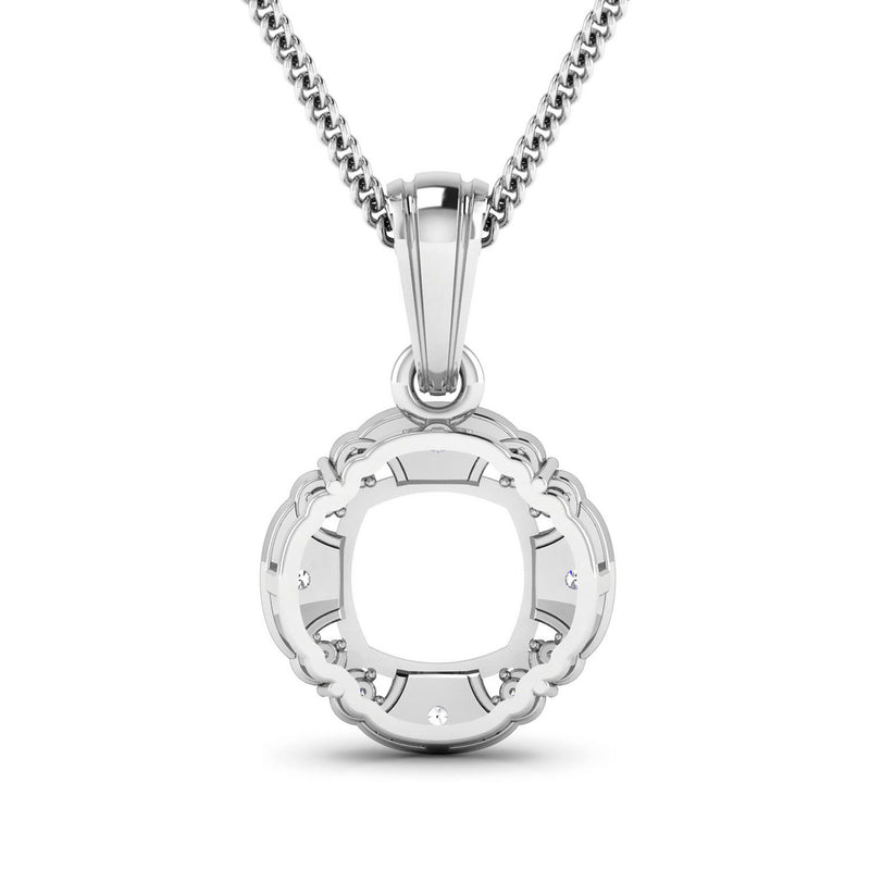 0.09 Carat Genuine White Diamond 14K White Gold Semi Mount Pendant - holds 8x8mm Cushion Gemstone