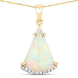 3.18 Carat Genuine Ethiopian Opal and White Diamond 14K Yellow Gold Pendant