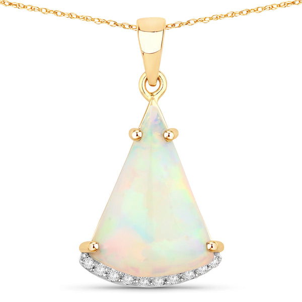 3.18 Carat Genuine Ethiopian Opal and White Diamond 14K Yellow Gold Pendant