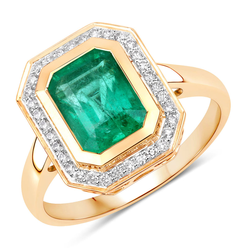 IGI Certified 2.00 Carat Genuine Zambian Emerald and White Diamond 14K Yellow Gold Ring