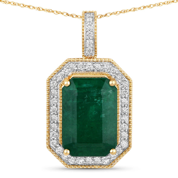 IGI Certified 8.74 Carat Genuine Zambian Emerald and White Diamond 14K Yellow Gold Pendant