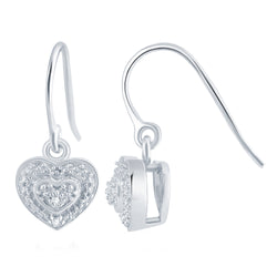 V3 Jewelry Natural White Diamond Sterling Silver Heart Dangle Earrings