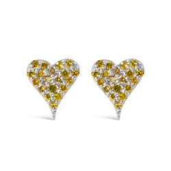 925 Sterling Silver 1/10 Cttw Yellow Diamond Heart Shaped Stud Earrings (Yellow Color, I3 Clarity)