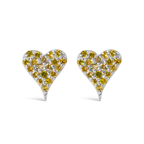 925 Sterling Silver 1/10 Cttw Yellow Diamond Heart Shaped Stud Earrings (Yellow Color, I3 Clarity)