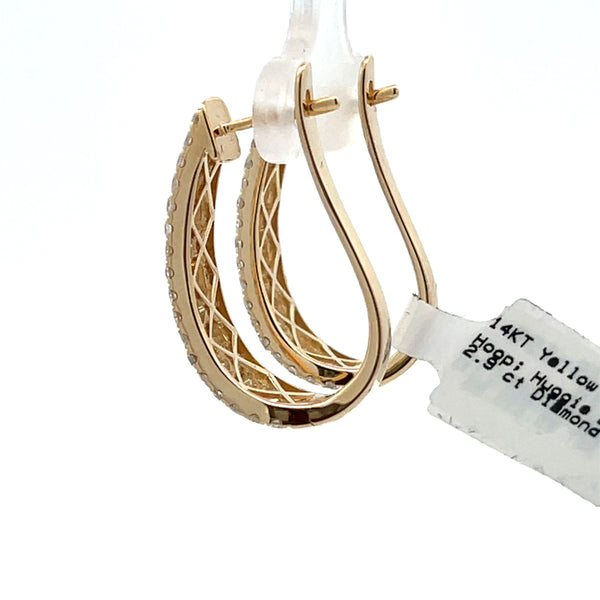 Natural 2.90ct Diamond Hoop Earrings 14KT Yellow Gold