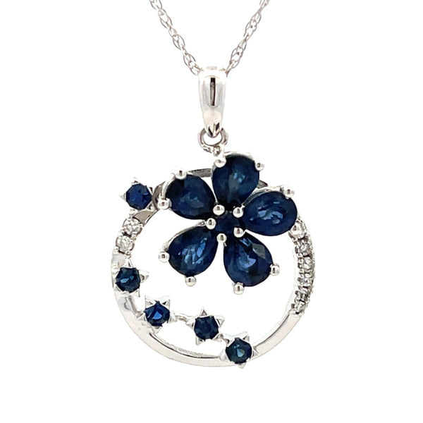 1.23ct Sapphire Diamond Flower Pendant 14KT White Gold