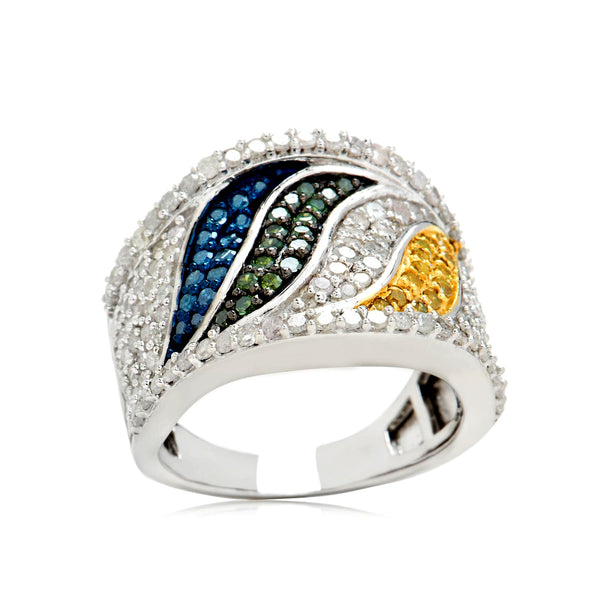 Sterling Silver with 1.70ct Multi Color Diamond Wave Band Ring