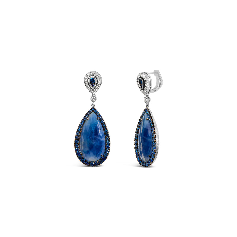 18K White Gold Earring 30x15MM Pear Shaped Blue Sapphire and Diamond Halo Drop and Dangle Earrings (F-G Color, VS1-VS2 Clarity)