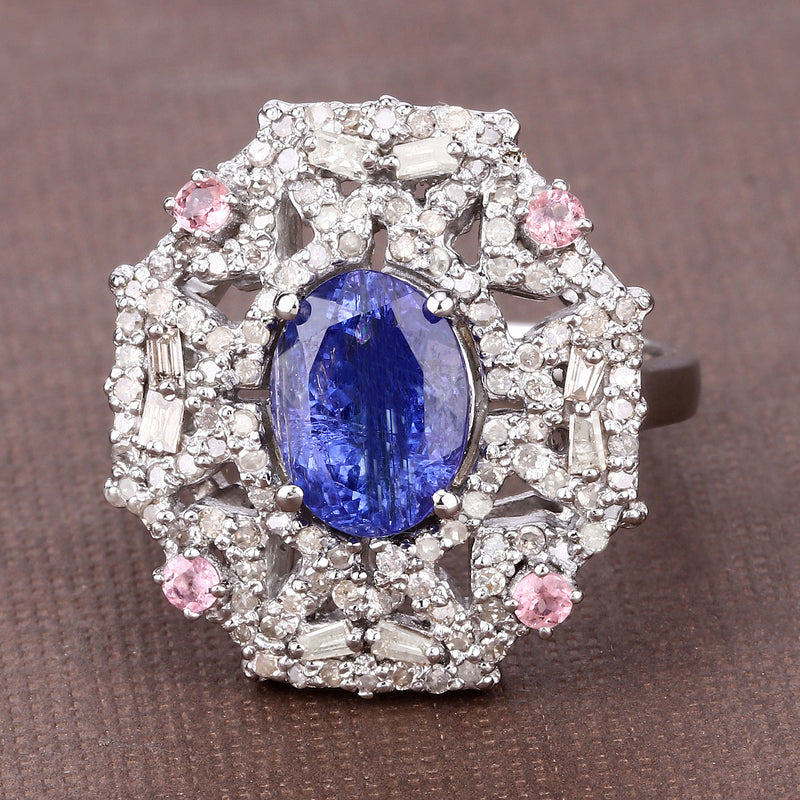 3.31 Carat Genuine Pink Tourmaline, Kyanite and White Diamond .925 Sterling Silver Ring