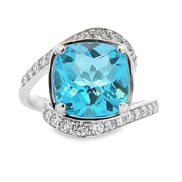 Natural 7.50ct Blue Topaz Diamond Ring 10KT White Gold