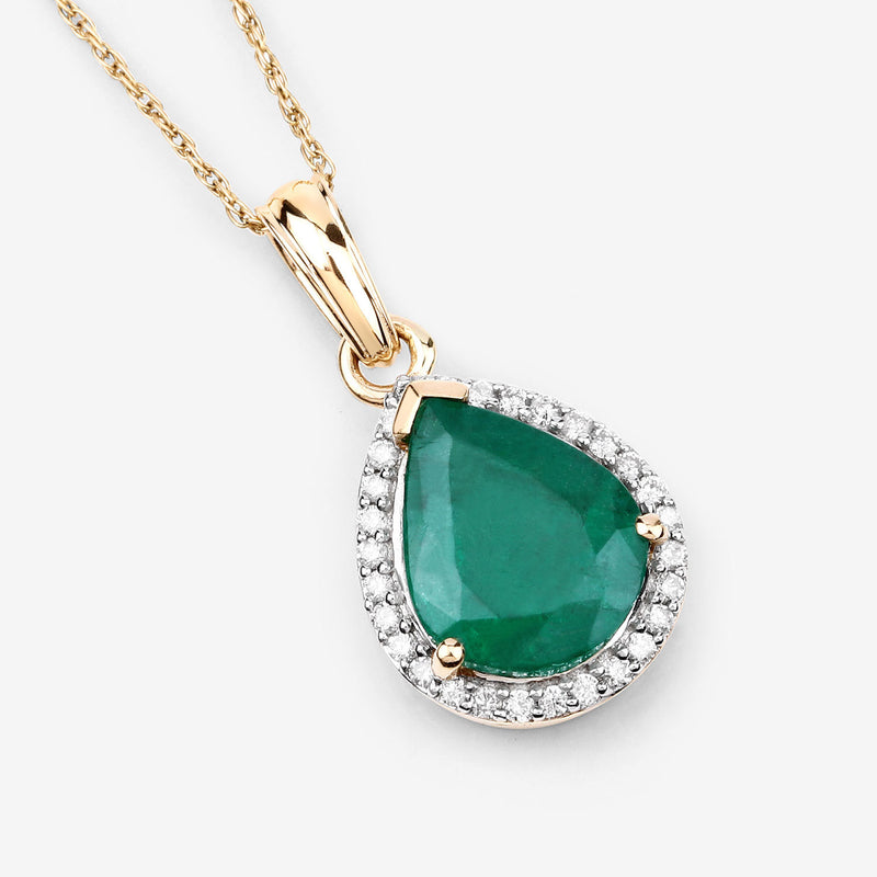 2.85 Carat Genuine Zambian Emerald and White Diamond 14K Yellow Gold Pendant