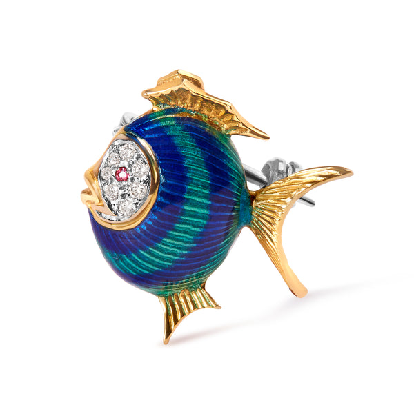 18K Yellow Gold Diamond and Pink Sapphire Angelfish Enamel Brooch Pin (H-I Color, VS2-SI1 Clarity)