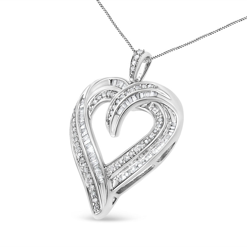 .925 Sterling Silver 3/4 Cttw Round and Baguette-Cut Diamond Open Heart 18" Pendant Necklace (I-J Color, I2-I3 Clarity)