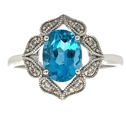 Genuine 1.43ct Blue Topaz Diamond Ring 14KT White Gold