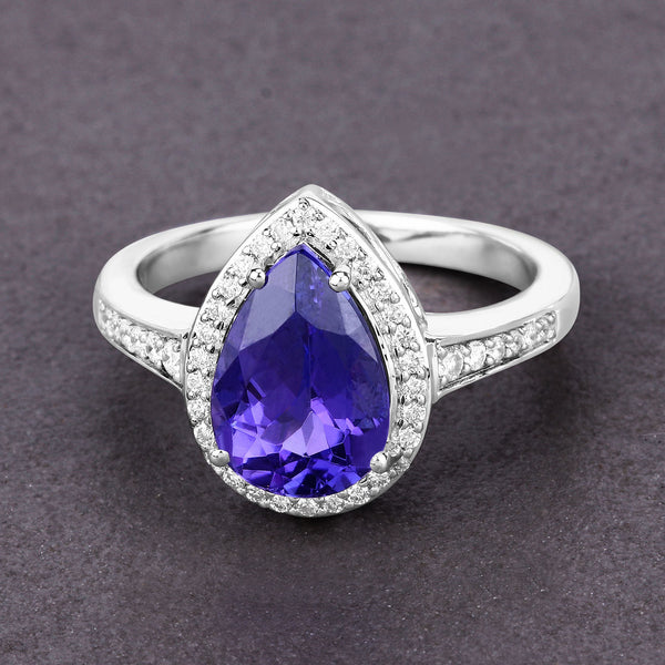 3.04 Carat Genuine Tanzanite and White Diamond 14K White Gold Ring