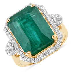 IGI Certified 12.02 Carat Genuine Zambian Emerald and White Diamond 14K Yellow Gold Ring