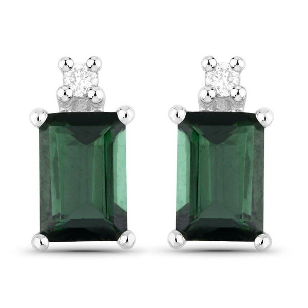 1.24 Carat Genuine Green Tourmaline and White Diamond 14K White Gold Earrings